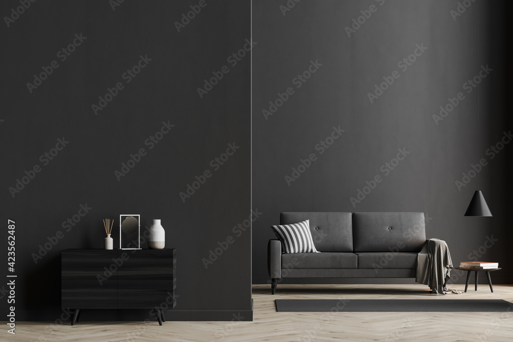 Dark living room interior with black empty wall - obrazy, fototapety, plakaty 