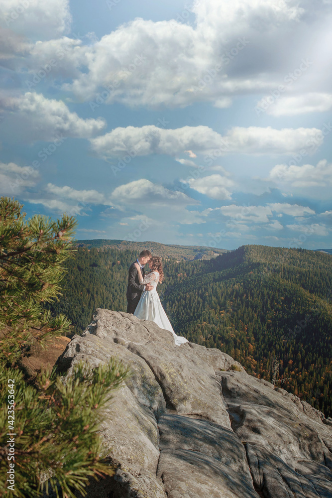 Beautiful couple on their wedding day against the background of an epithetical sunset in the mountains