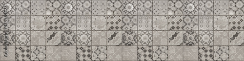 Gray white bright vintage retro geometric square mosaic motif cement tiles texture background banner panorama	