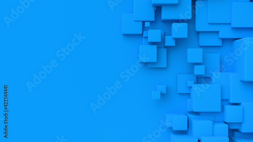 Cubes with random size composition. With a place for text. Abstract 3d render illustration. Geometrical concept background