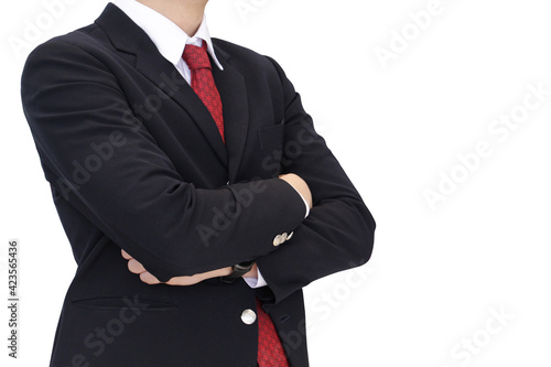 Medium shot business man body in black suit with hand crossed arms on white background. business concept isolated on white background.
