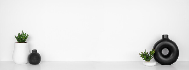 Modern black and white home decor and plants on a shelf. White shelf against a white wall. Banner with copy space.