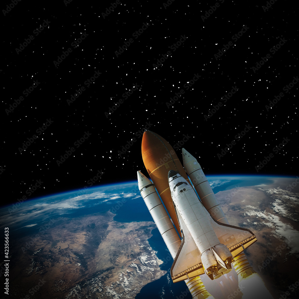 Rocket in space, earth in distance. The elements of this image furnished by NASA. Rocket in space, earth in distance. The elements of this image furnished by NASA.