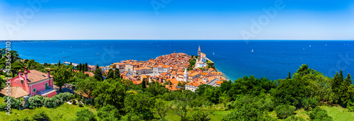 Panoramic skyline view of Piran vacation destination on the slovenian Mediteranean sea riviera in Piran, Slovenia photo