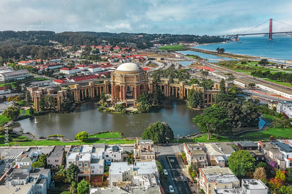 Daytime aerial photo of the Palace of Fine Arts, in San Francisco, California, USA. The Golden Gate Bridge is in the background. Concept, travel, America