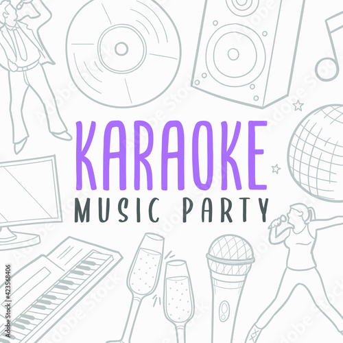 Karaoke Doodle Banner Icon. Music Vector Illustration Hand Drawn Art. Line Symbols Sketch Background.