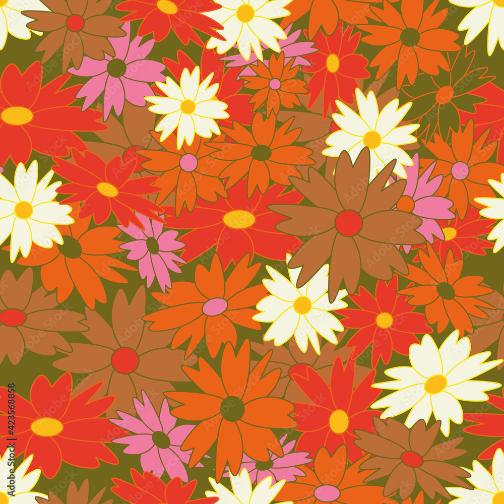 Retro flowers multi color seamless repeat pattern print background Retro flowers multi color seamless repeat pattern print background