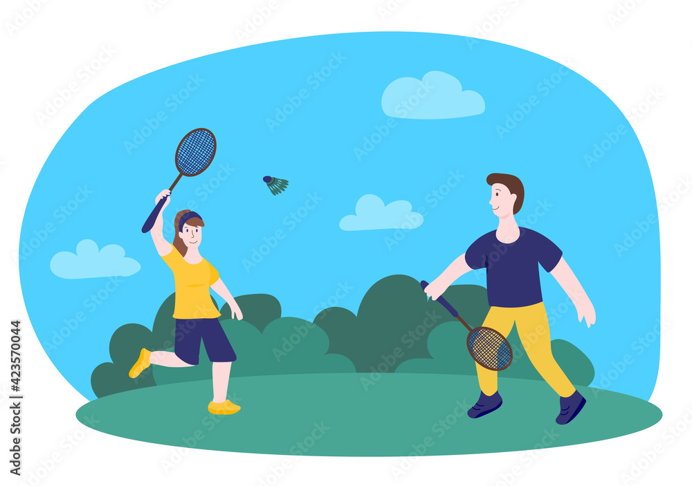 Man and woman play badminton at lawn. Vector illustration for web-sites, magazines, flyers, etc