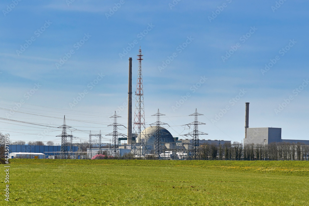 Philippsburg, Germany - Former power plant with demolished cooling towers during nuclear power phase-out