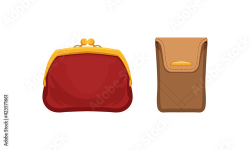 Purse and Wallet as Small Pouch for Carrying Coins and Currency Vector Set
