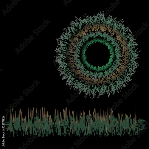 Abstract illustration featuring the stylized green and hazel iris of an eye, with green and hazel embellishment, on a black background