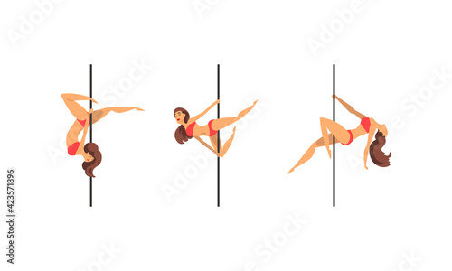 Young Pole Dancer Performing Acrobatics on Vertical Pole Vector Set