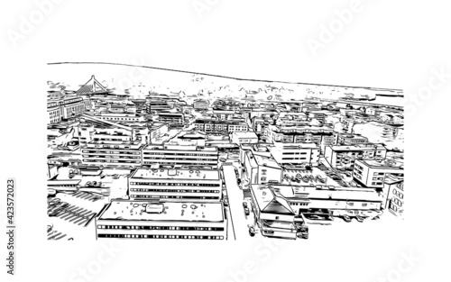 Building view with landmark of Rovaniemi is the 
city in Finland. Hand drawn sketch illustration in vector.