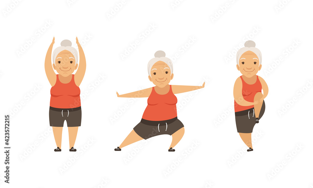 Senior Woman with Grey Hair Doing Physical Exercises Stretching Vector Set