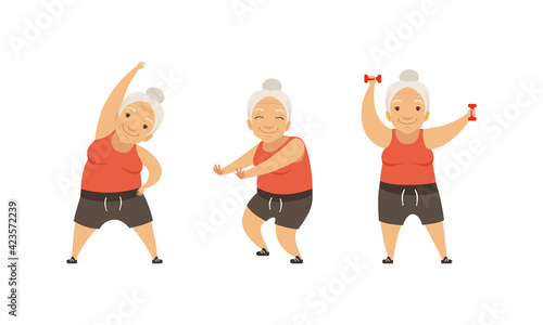 Senior Woman with Grey Hair Doing Physical Exercises Stretching Vector Set