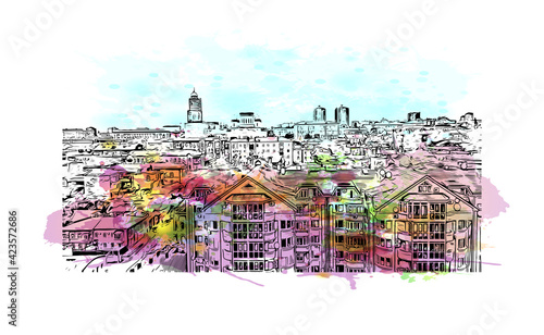 Building view with landmark of Rostov on Don is a city in southern Russia. Watercolor splash with hand drawn sketch illustration in vector.