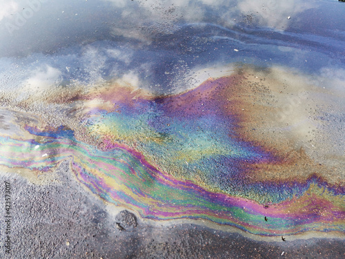 Rainbow gasoline film in a puddle photo