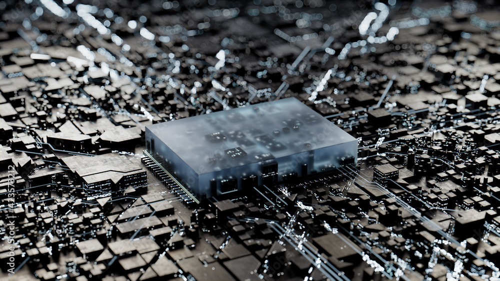 Advanced Technology Concept with Microchip. White Neon Data flows from the CPU across a Futuristic Motherboard. 3D render. Advanced Technology Concept with Microchip. White Neon Data flows from the CPU across a Futuristic Motherboard. 3D render.