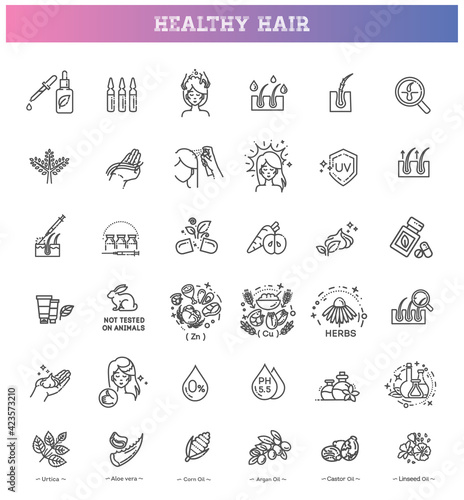 Hair treatment line icon set. Hair strengthening and growth