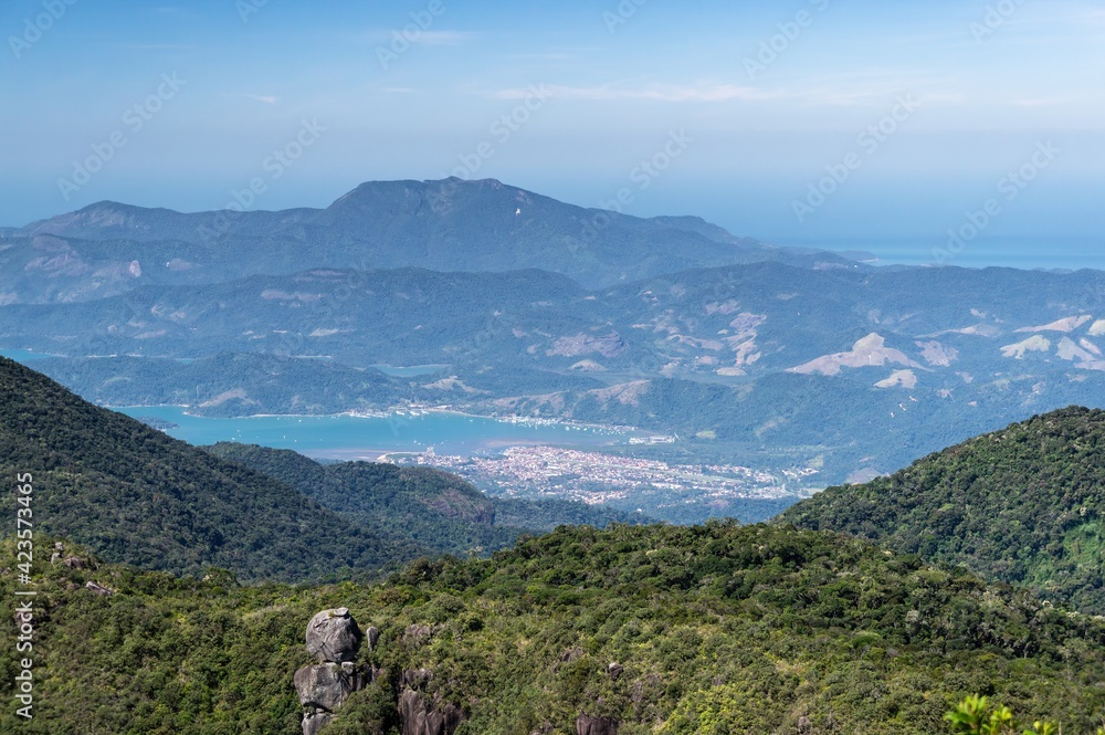 Distant view of Paraty village as saw from one of the viewing spots of Pedra da Macela landmark, inside Serra da Bocaina national park.