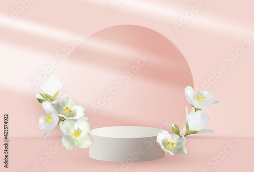 Jasmine branches vernal flower bush blossom and 3d pink scene rendering with podium.