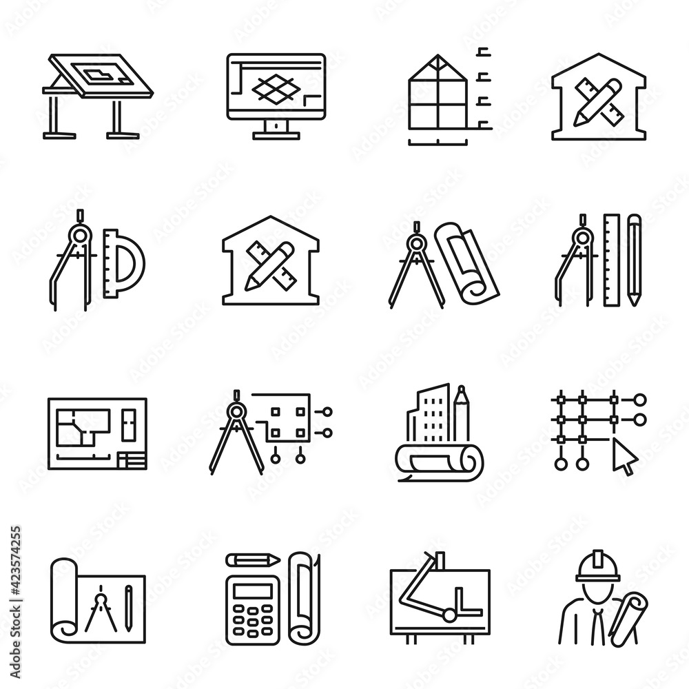Fototapeta Collection of simple monochrome architectural planning icon vector construction design engineering
