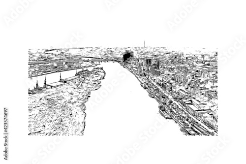 Building view with landmark of Rostov on Don is a city in southern Russia. Hand drawn sketch illustration in vector.