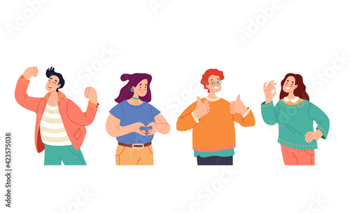 People man woman boys girls characters with positive emotions and gesturing set. Flat illustration graphic design concept
