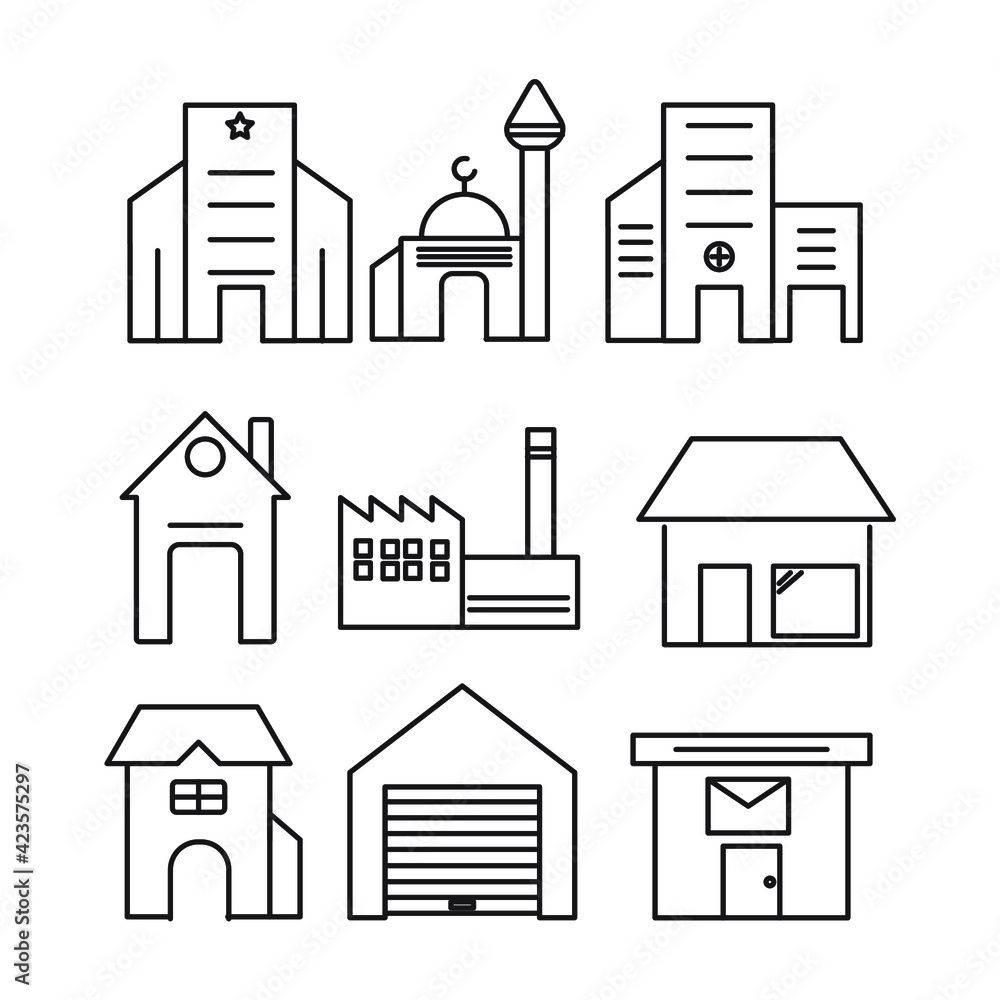 Buildings icons set. Buildings pack symbol vector elements for infographic web.