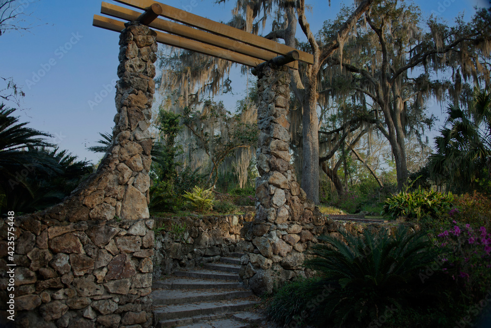 Stone entrance to trailhead in Ravine Gardens State Park