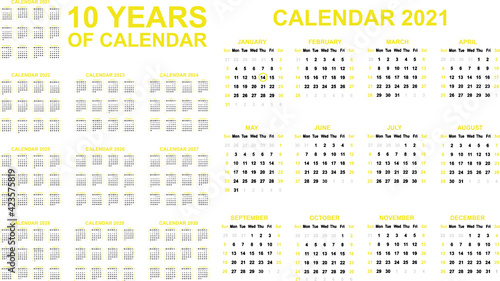 2021-2030 ten years of calendar simple yellow