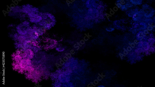 Abstract space illustration of blue and pink clouds and fractal stars on black background. Used for design and creativity, for screensavers.