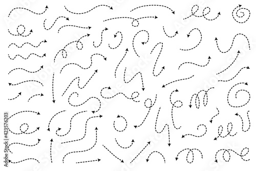 Dashed arrow set. Vector doodle dot line. Thin pointer arrows