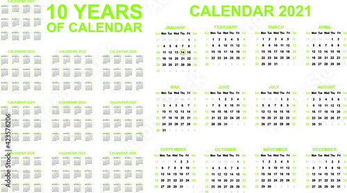 2021-2030 ten years of calendar simple green