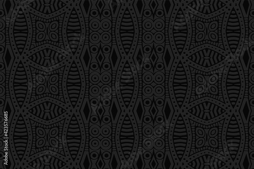 Geometric 3D volumetric convex black background. Ethnic relief ornament. African, Mexican, Indian style. Exotic pattern for wallpaper, presentations, stained glass.