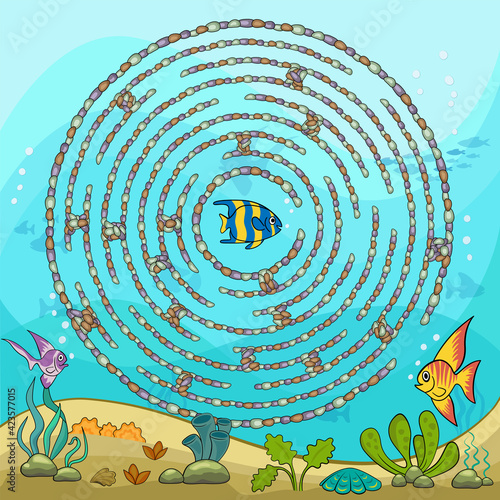 Maze game for kids with fish trying to get out of stone maze.  Underwater ocean life, exotic fish, shells and water plants.
