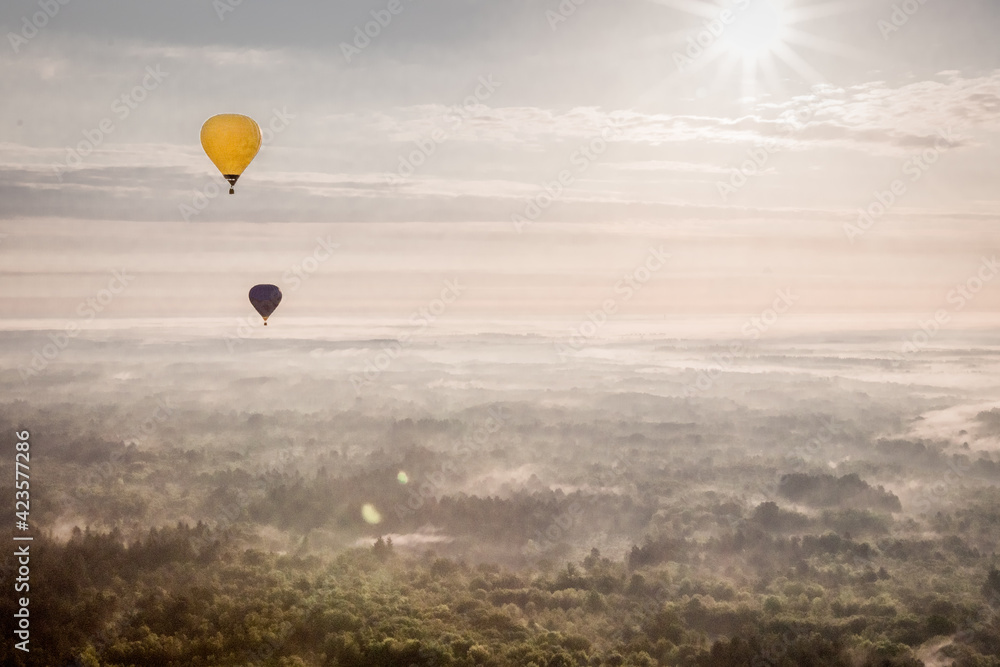 Obraz premium ein gelber und ein dunkler Heißluftballon fliegen über einer dunstigen Landschaft in der frühen Morgensonne