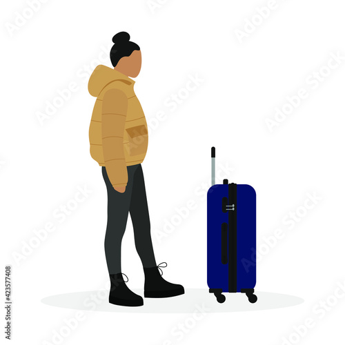 Female character in a jacket and a suitcase on wheels on a white background