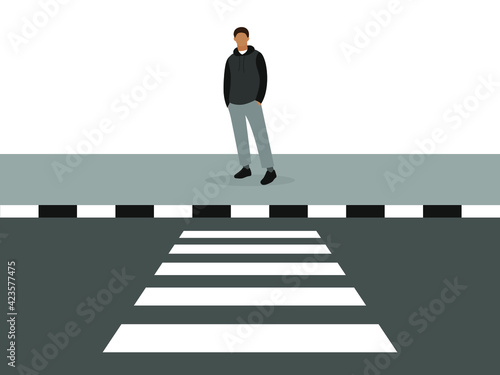 A male character stands on the sidewalk in front of a pedestrian crossing