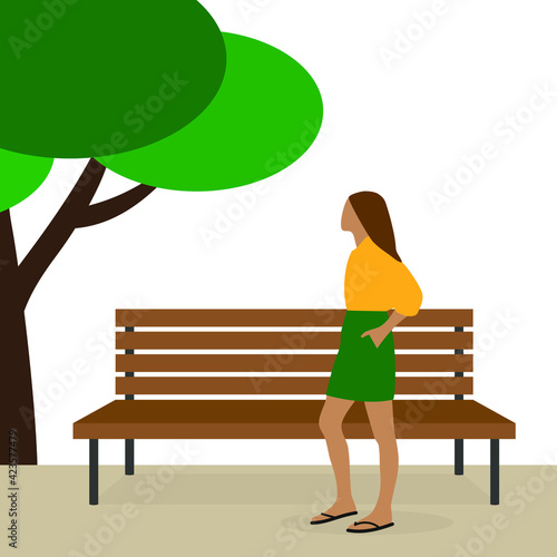 Female character in summer clothes outdoors near a wooden bench