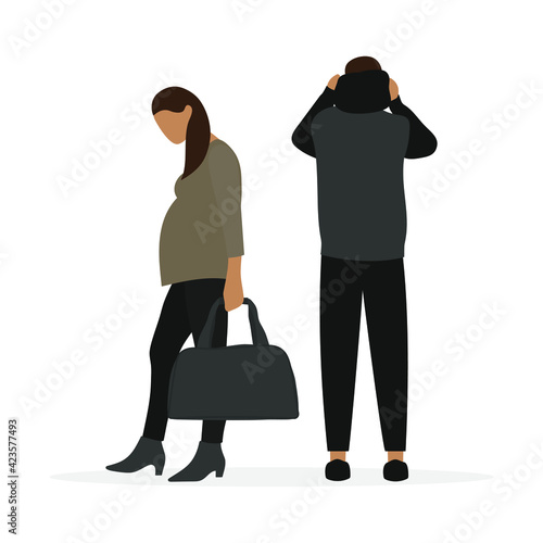 Male character putting hood on his head and walking away pregnant female character with bag in hand isolated on white background