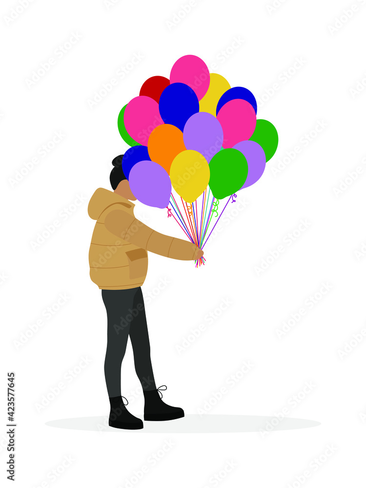 Female character in jacket holding a bunch of balloons on a white background Female character in jacket holding a bunch of balloons on a white background