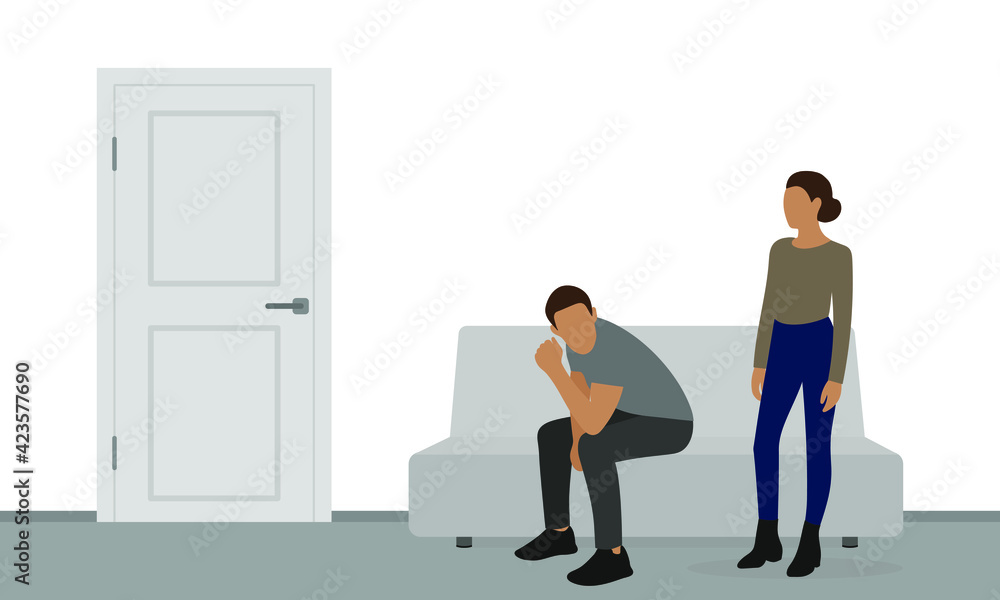 Obraz premium Male and female character are waiting near a closed door on a white background