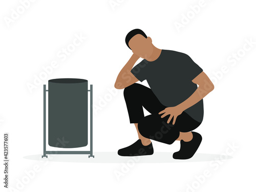 Male character squatting near empty trash can on white background