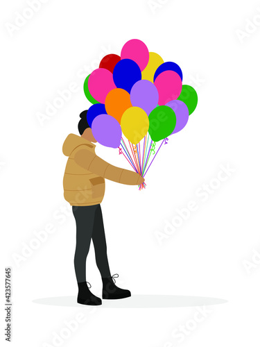 Female character in jacket holding a bunch of balloons on a white background