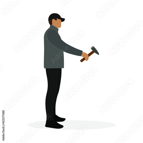 Male character raising his hand with a hammer on a white background