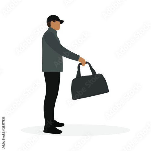 Male character raising his hand with a bag on a white background