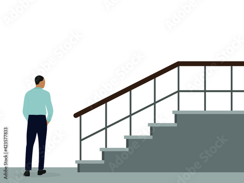 Male character in shirt and trousers stands near an empty staircase on a white background