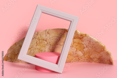 3D Illustration eines Podestes für Mockups und Produktpräsentationen eingefasst von einem Bilderrahmen mit venezianischen Marmor im Hintergrund