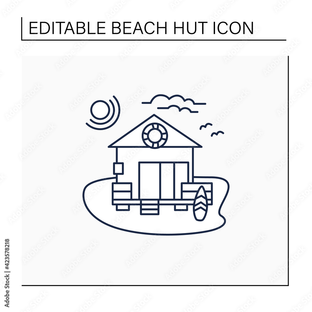 Beach hut line icon. Wooden comfortable house on beach. Lifebuoy, surfboards. Seascape. Rest concept. Isolated vector illustration. Editable stroke